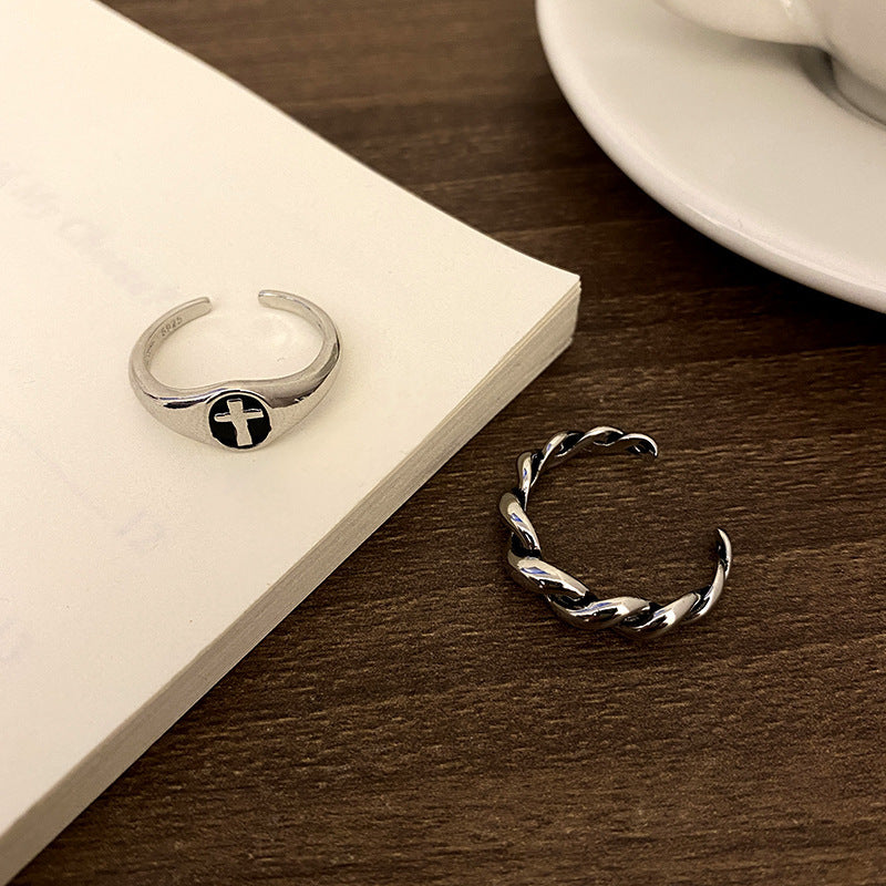 Vintage Silver Plated Cross Ring Adjustable Trendy Ring Simple Design Epoxy Jewelry Fashion Ring Gifts For Her