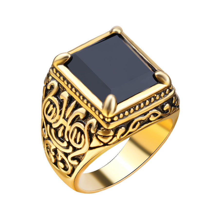 Gold Plated Alloy Ring with Black Stone Tibetan Inspired Design Retro Ethnic Statement Jewelry For Him Ethnic Gold