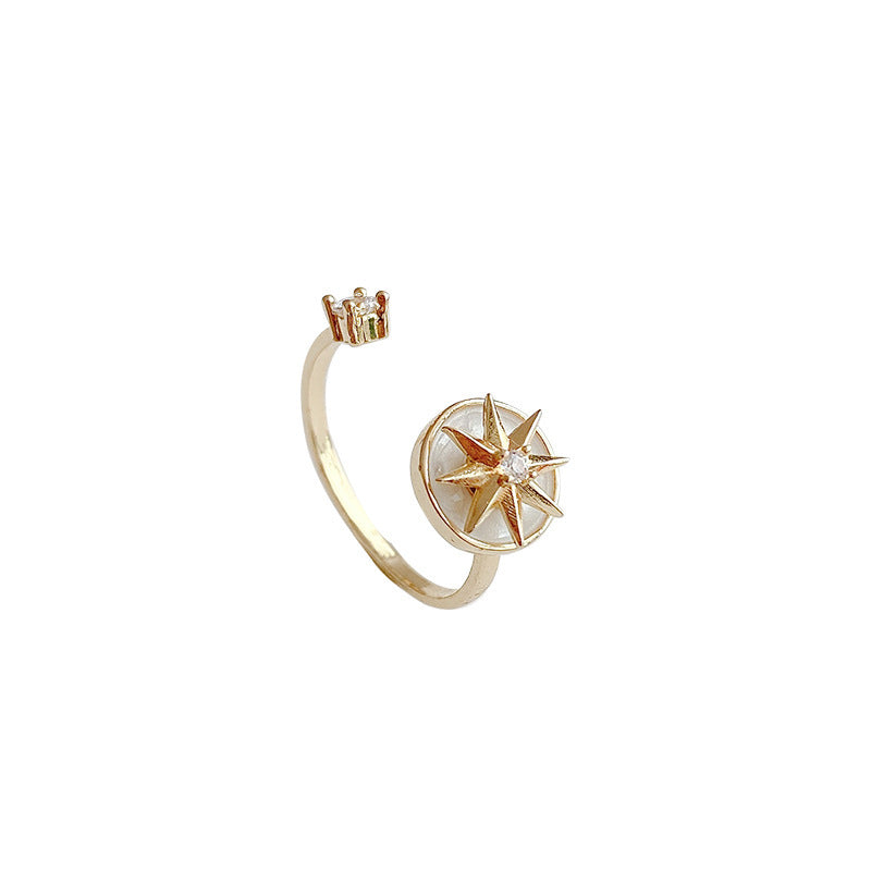Womens Eight Pointed Star Rotating Ring Adjustable Opening Gold Plated Copper Ring Zircon Japanese Korean Fashion