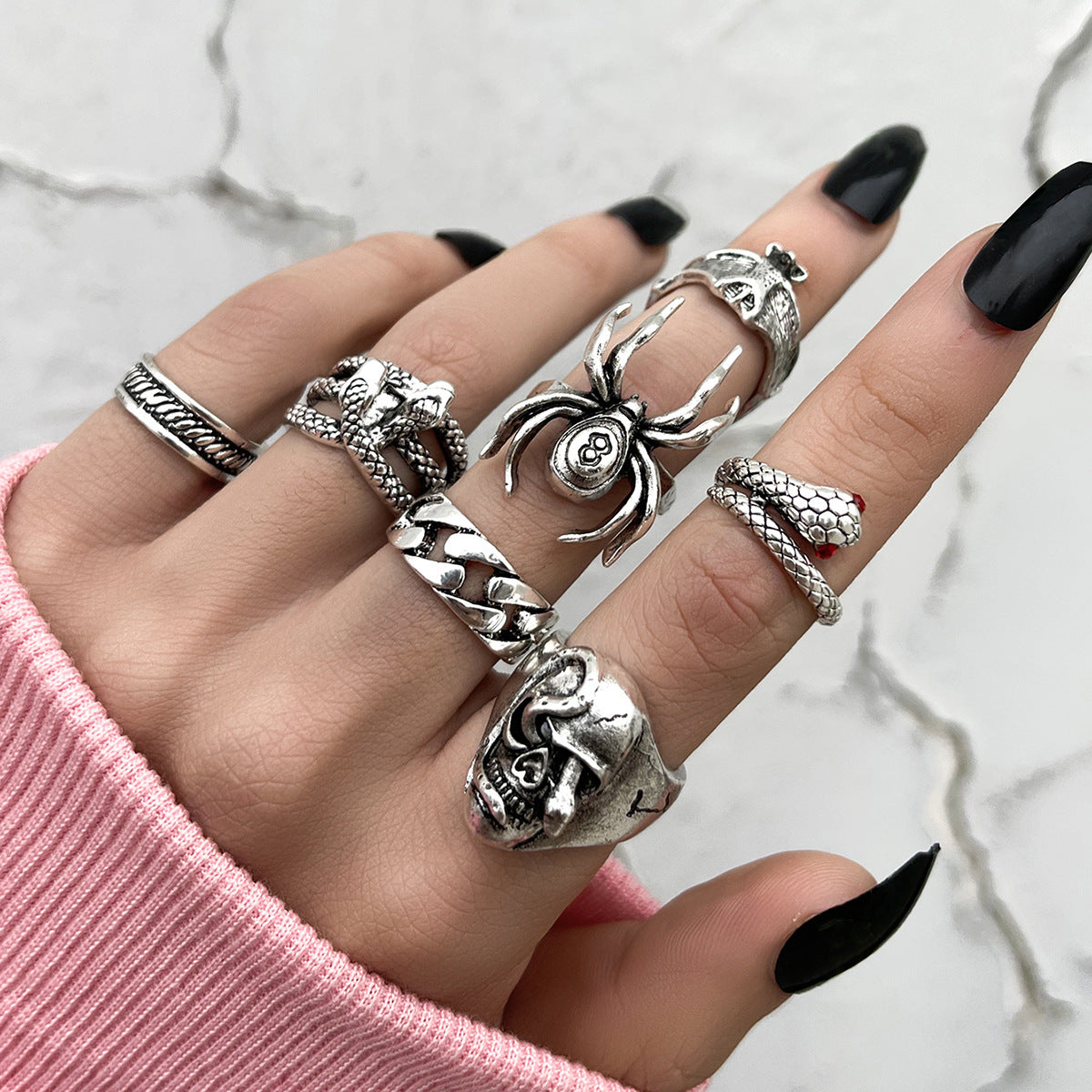 Vintage Style Alloy Ring Set Minimalist Geometric Rings With Spider Snake Bat Skull Decor For Women Style Gift