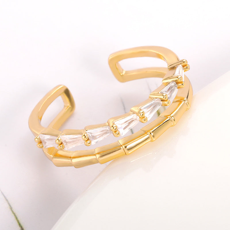 Zircon Double Layer Copper Ring With Golden Bamboo Inlay For Elegant Wedding Jewelry Fashion Accessory For Women
