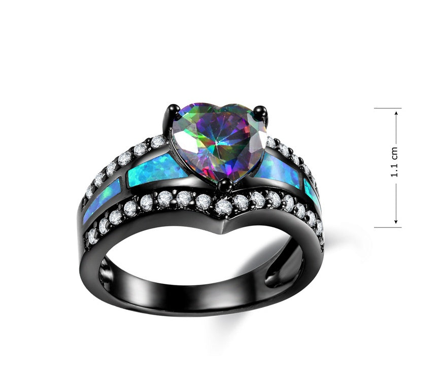 Heart Ring with Colorful Zircon Copper Blue Fire Inlay Anniversary Promise Jewelry Gift for Her for Daily Wear