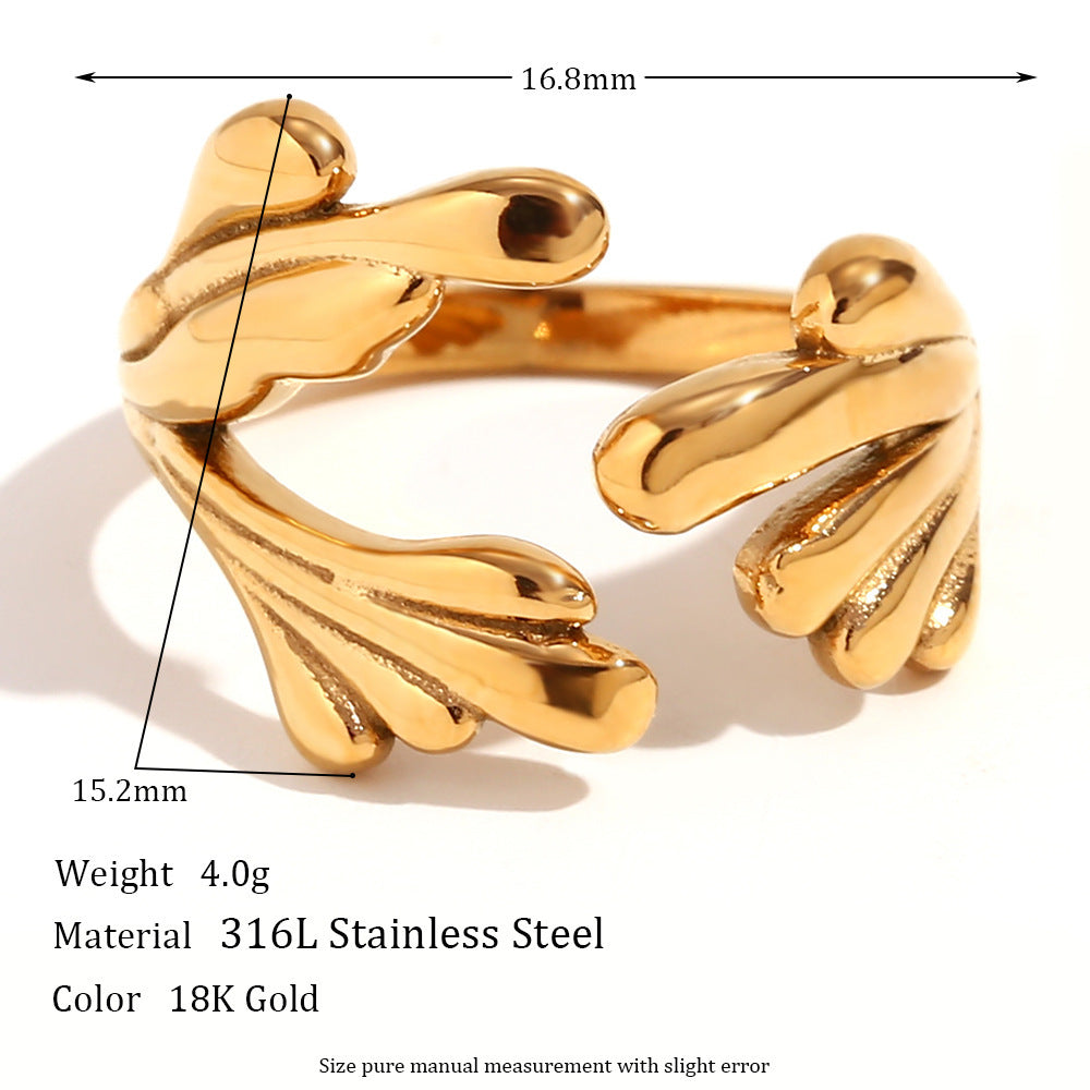 Stainless Steel Ring 18K Gold Plated Open Wave Flower Design Waterproof Anti Rust Anti Allergy Women's Ring Gift for Her