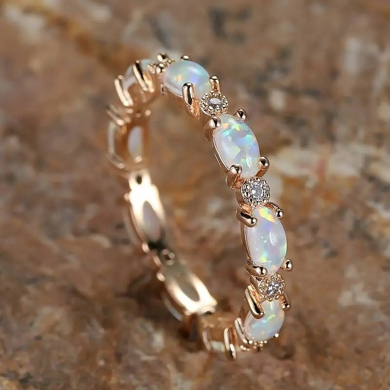 Gold Plated Oval Opal Zircon Eternity Ring For Women Zinc Alloy Jewelry Daily Wear Elegant Accessory Style Lux