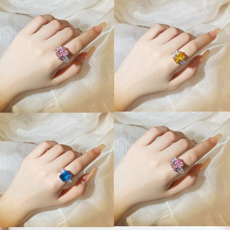 Stone Inlay Rhinestone Ring With Lucky Cat Cartoon Charm Copper Band 22mm Long 16mm Pink Yellow Blue For Women