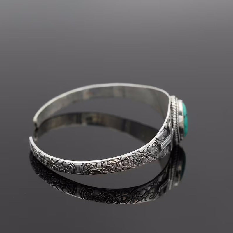 Womens Religious Jewelry Accessory Vintage Carved Cross Bracelet Turquoise Inlay Metal Fashion Bracelet For Women