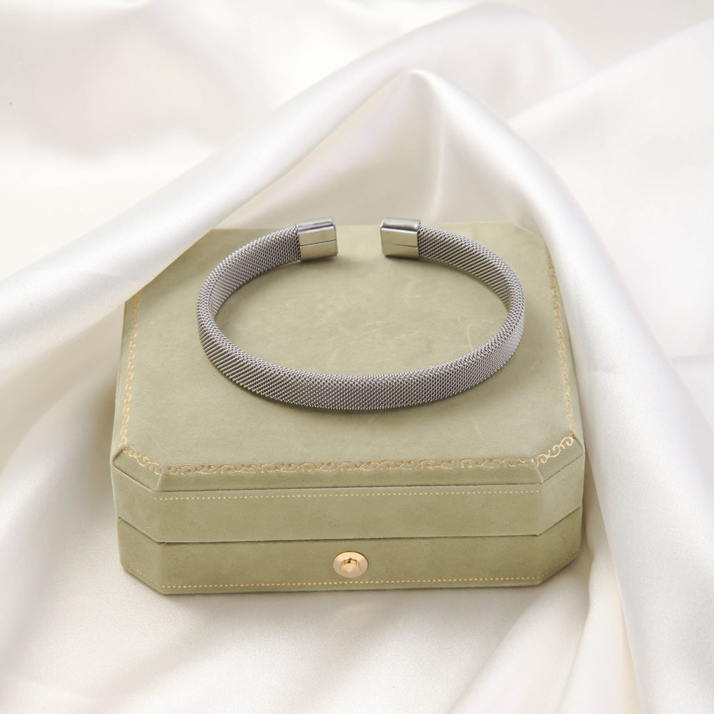 Stainless Steel Woven Bracelet Open Ended Fashion Bangle Electroplated Durable Round Design Accessory Steel And Gold