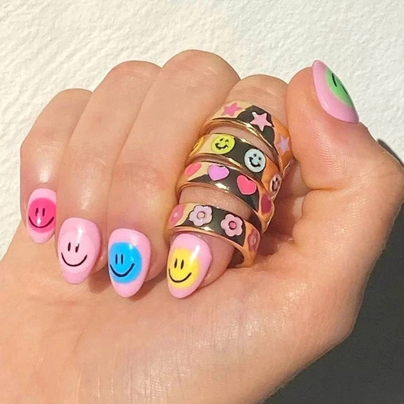Smiley Face Flower Ring Electroplated Korean Retro Design