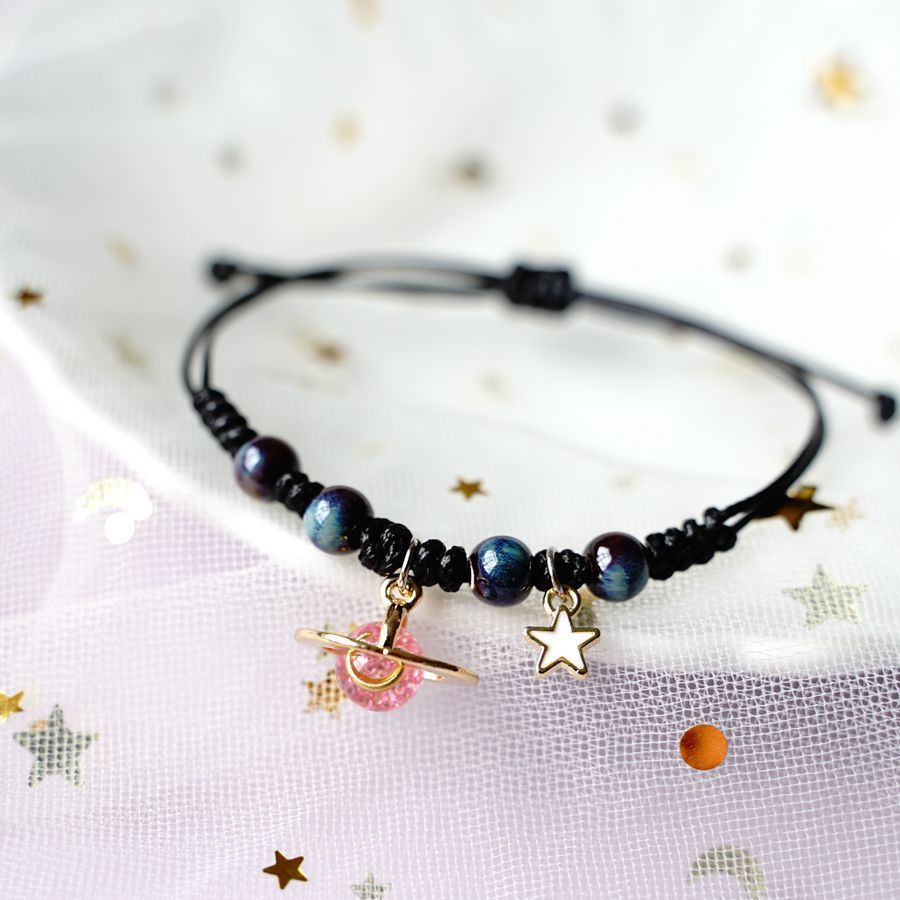 Couple Bracelet Set With Ceramic Beads Universe Planet Stars Moon Design Adjustable Alloy Accessories Matching