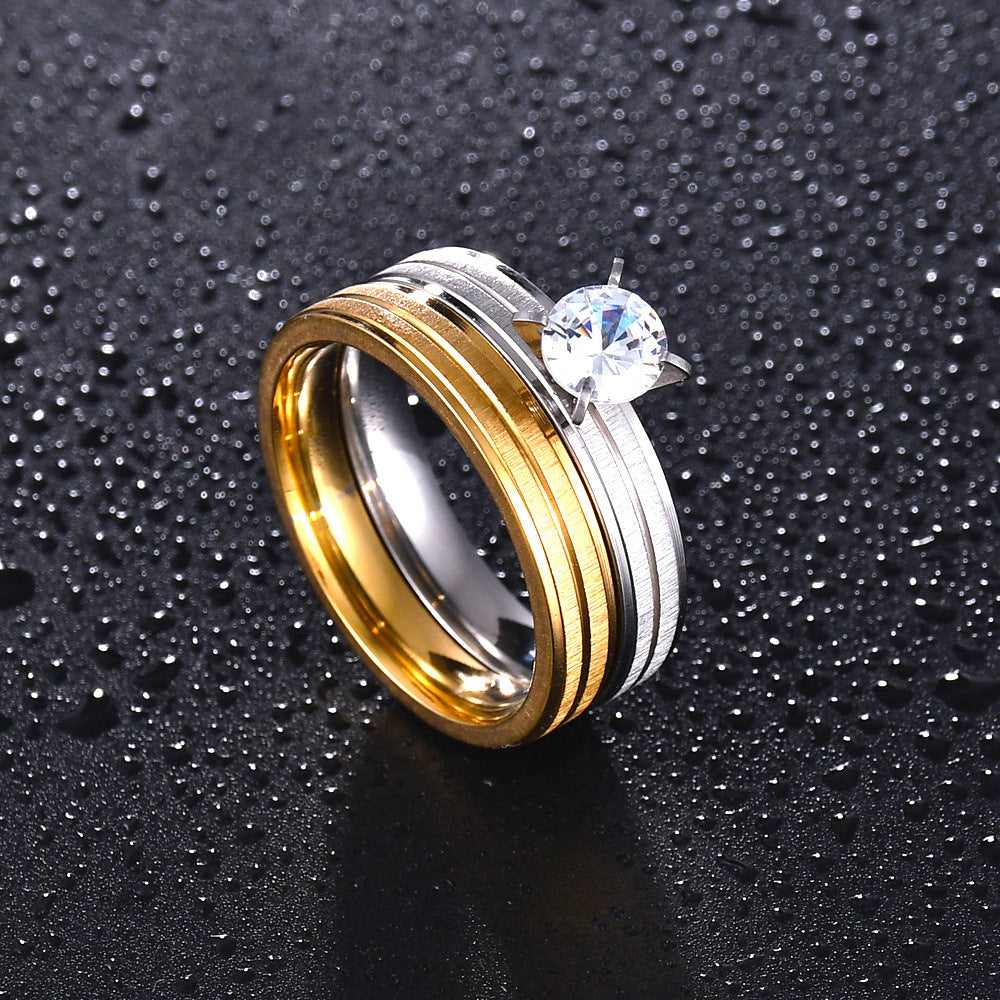 Couple Rings Titanium Steel Crown Ring Set Gold Inlaid Gemstones Korean Style Wedding Bands His Hers Free Ship