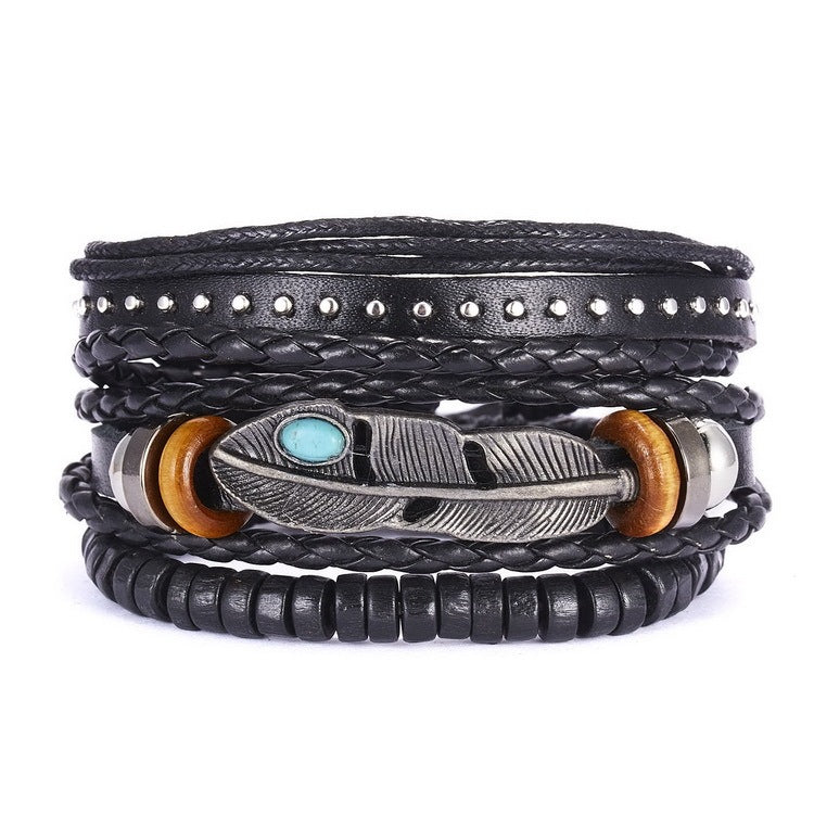 Mens Woven Leather Bracelet With Wooden Beads Plain Jewelry Gift For Him Individually Packed Wristband For Men