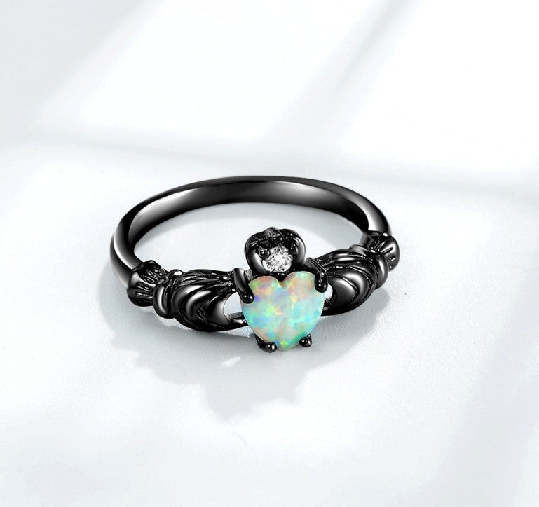 Womens Heart Opal Crown Ring Gunmetal Cocktail Jewelry Durable High Quality Elegant Style Gift For Ladies Chic