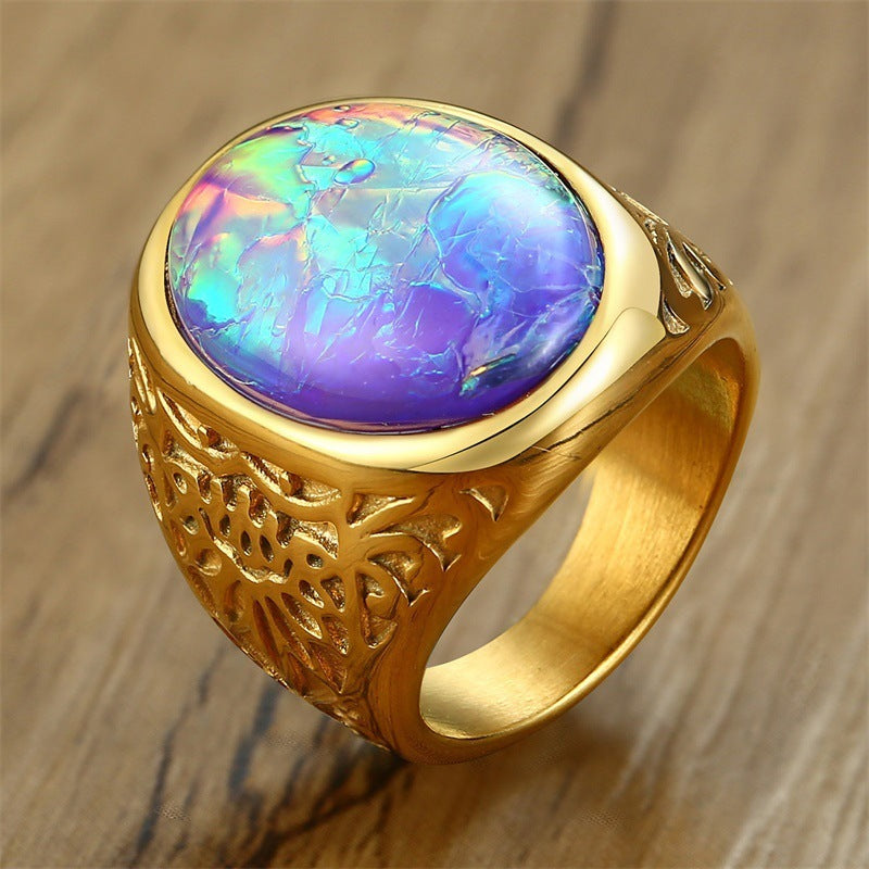 Stainless Steel Opal Inlay Ring For Men And Women Cast Design Jewelry European Style Opal Inlay Band For Everyday Wear Styles