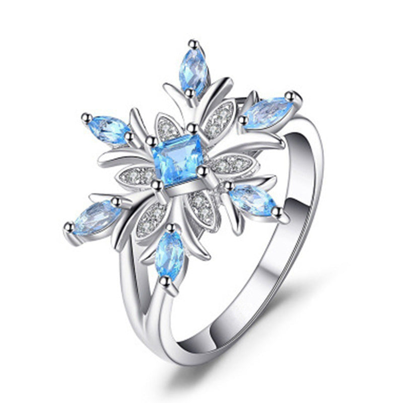 Womens Elegant Ring With Floral Snowflake Design Light Blue Zircon Stone Electroplated Metal For Wedding Style
