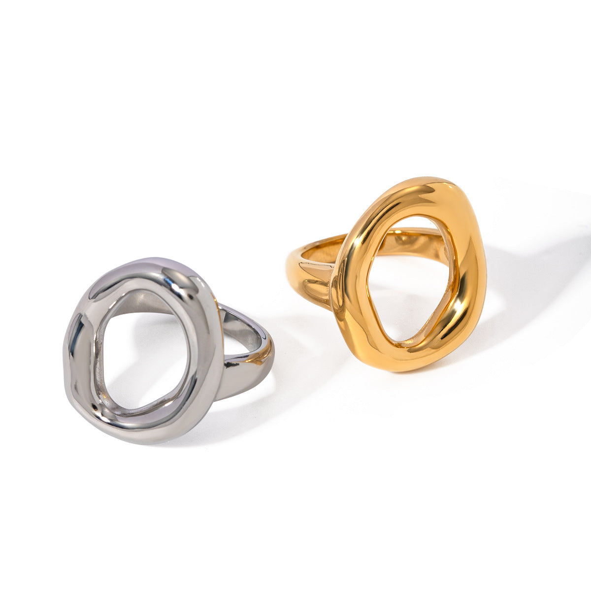 Women's Stainless Steel Ring 18K Gold Plated Oval Hollow Closed Band Trendy Wave Design Ins Fashion Jewelry Gift for Her
