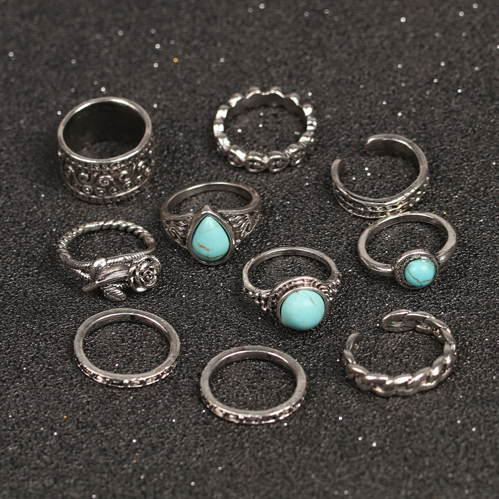 Vintage Turquoise Totem Flower Ring Ten Piece Joint Set