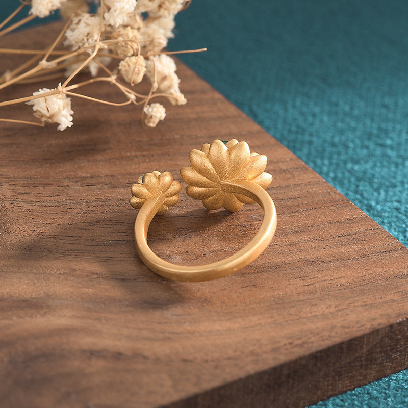 Womens Ring Chinese Style Antique Lotus Flower Enamel Agate Chalcedony Gold Plated Statement Handcrafted Jewelry