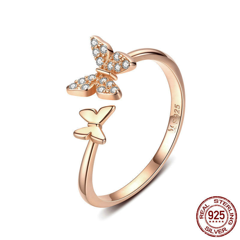 Sterling Silver Double Butterfly Ring With Gem Inlay Adjustable Opening Unisex Jewelry Gift With Diamond Stone