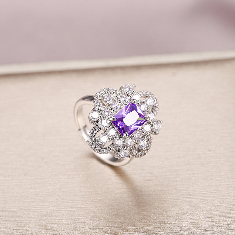 Womens Copper Ring with Color Zirconium Geometric Design Palladium White K Processing Noble Retro Fashion Ring Jewelry Gift For Her