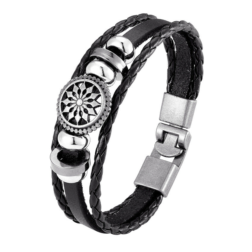 Mens Genuine Leather Bracelet Two Layer Cowhide Wristband Anti Friction Anti Oxidation 21cm Length Black Brown