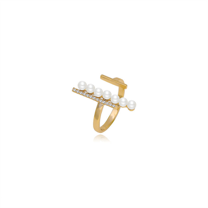Gold Plated Ring With Zircon And Pearl Hollow Square Geometric Design Jewelry Accessory For Women Korean Style Fashion