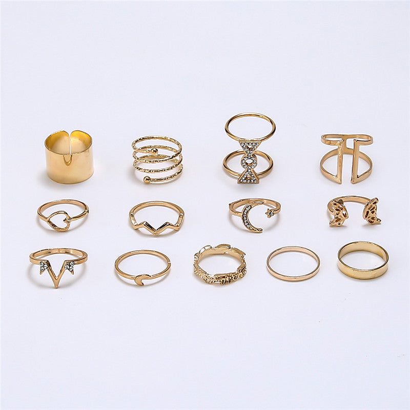 Women Alloy Ring Set 13 Pcs Geometric Diamond Butterfly Love Rings Electroplated European Style Jewelry Collection