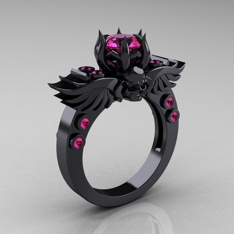 Gothic Skull Ring With Ruby Gemstones Sterling Silver Copper Jewelry For Women Statement Fashion Accessory Wedding