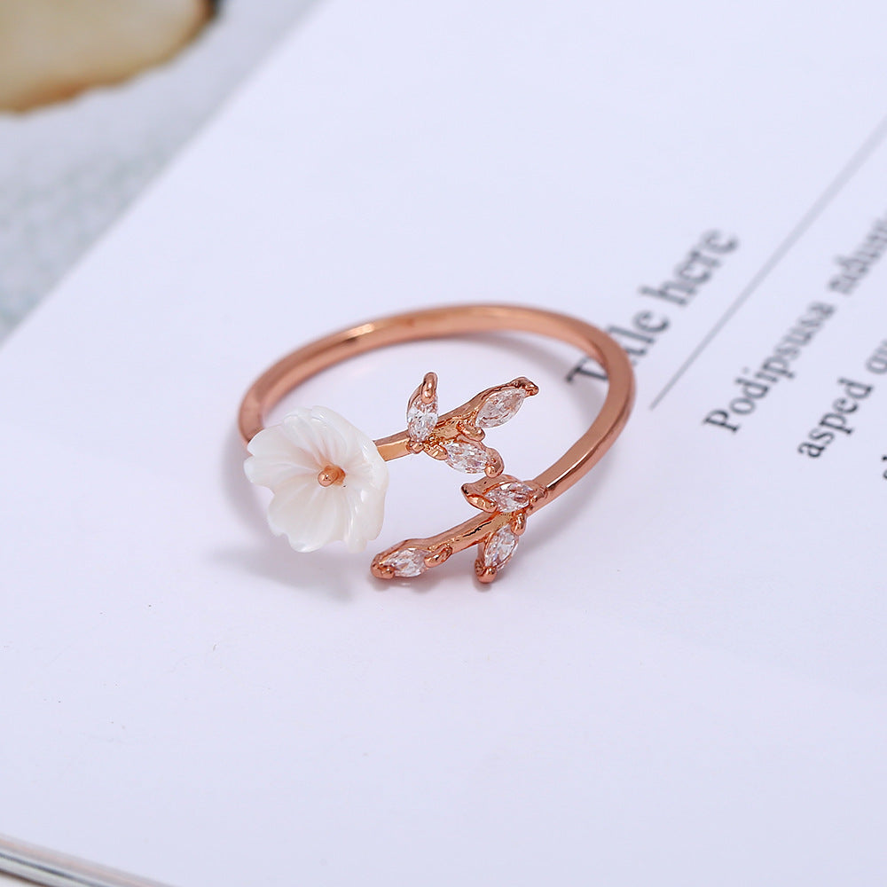 Rose Gold Plated Open Ring With Zircon Branches And Leaves Design Copper Adjustable Rings Shell Flower Details