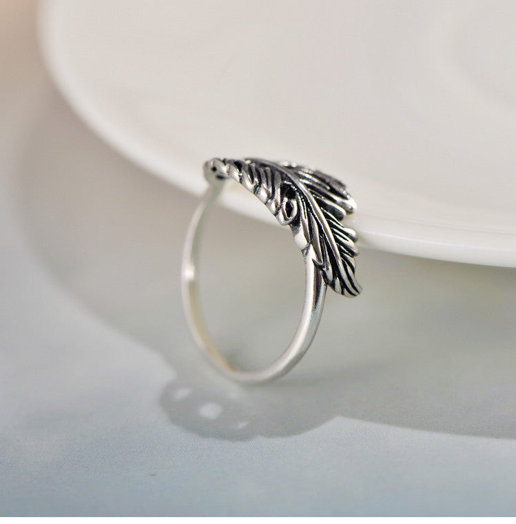 Vintage Thai Feather Ring Hollow Leaf Design Lightweight 925 Sterling Silver Closed Mouth Jewelry Gift For Everyday Use