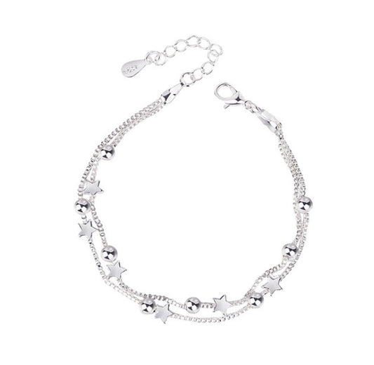 Double Layer Star Bead Bracelet Adjustable Length Polished Copper Plated Silver Jewelry Gift For Women At Home