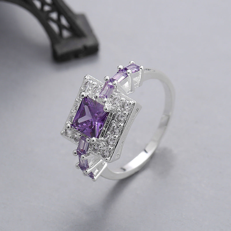 Purple Zircon Ring Platinum Plated Cubic Zirconia Gemstone Fashion Statement Jewelry for Women Elegant Anniversary Gift
