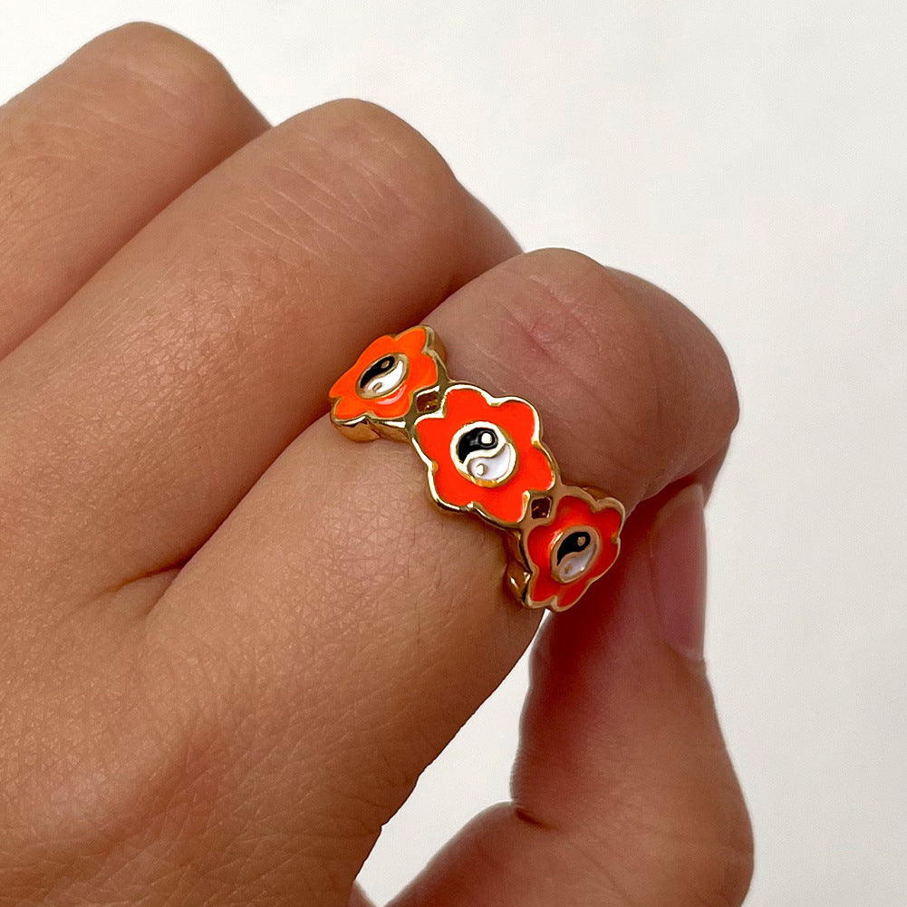 Womens Alloy Ring Drip Oil Color Flower Design Bagua Style Elegant Floral Ring For Women Fashion Jewelry Trend