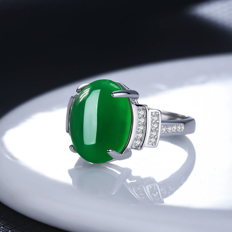 Green Agate Ring Copper Plated White Gold Tone Geometric Jewelry For Women Holiday Gift Fashion Stylish Everyday Wear