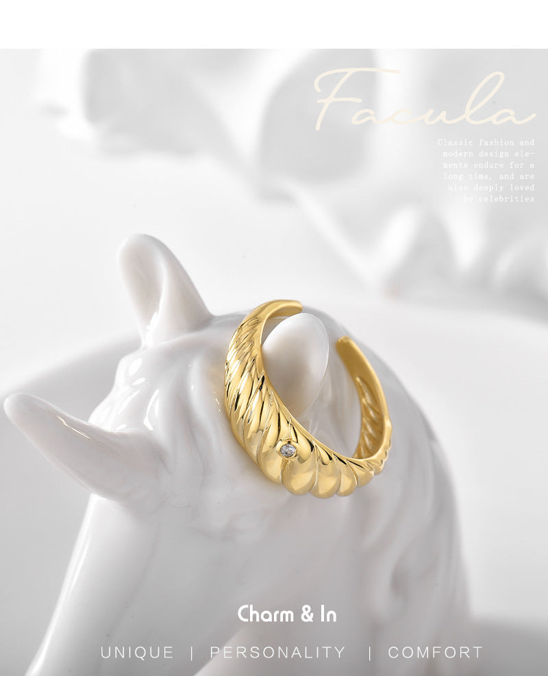 Croissant Ring Adjustable Gold Copper Zircon Embellished Geometrical Fashion Jewelry For Daily Wear Party Gift