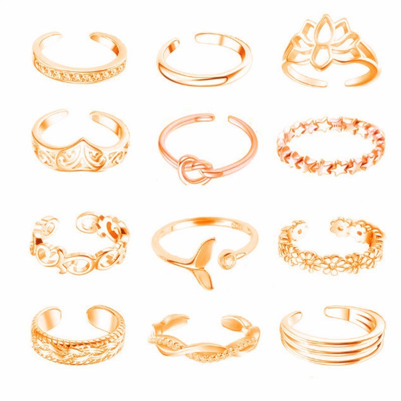 Womens Toe Ring Set Twelve Pieces Alloy Lotus Rhinestone