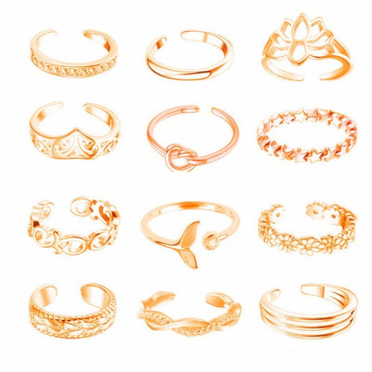 Womens Toe Ring Set Twelve Pieces Alloy Lotus Rhinestone