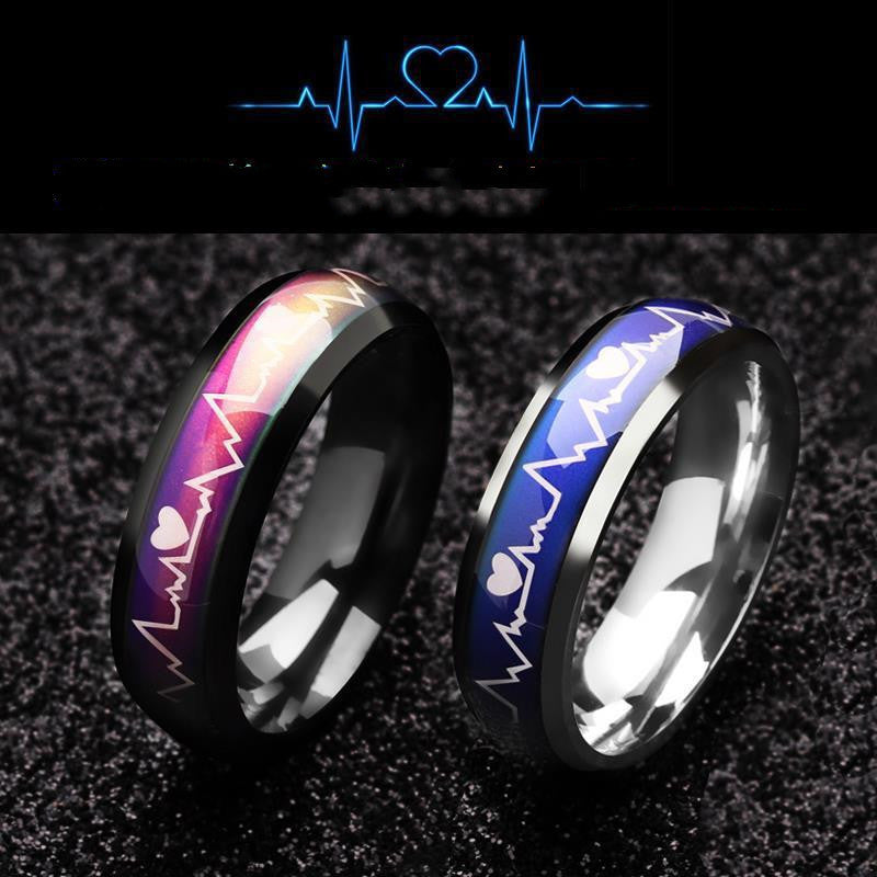 Titanium Steel Couple Rings Geometric Design With Color Changing Thermochromic Inlay For Him And Her Fashion Accessory