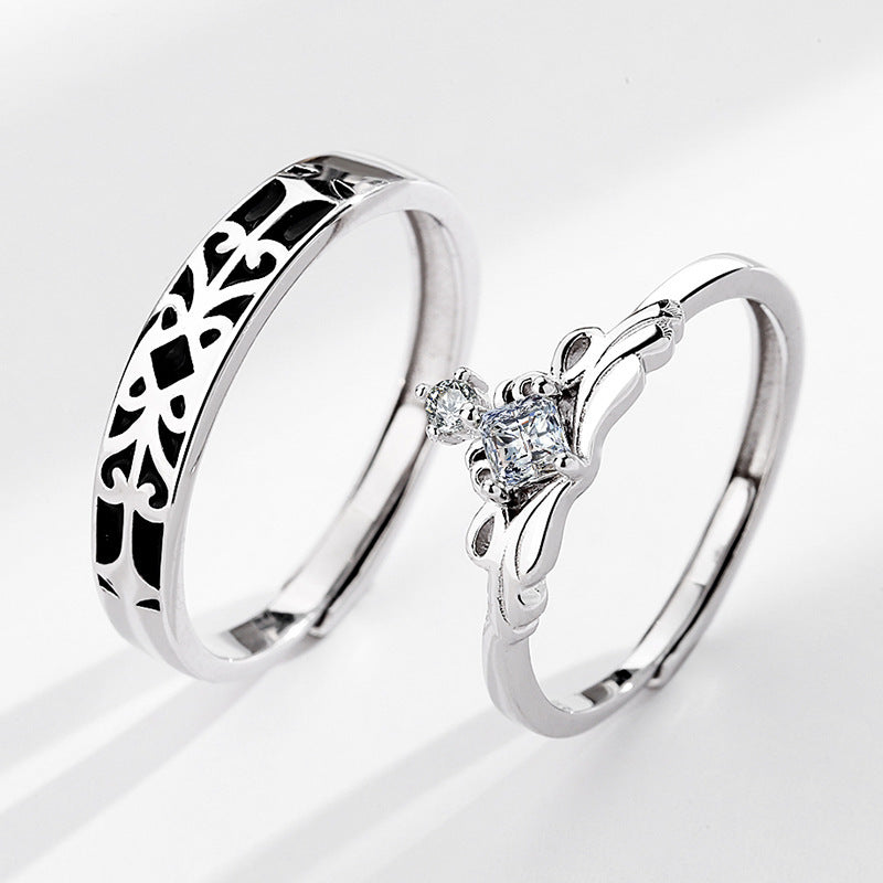 Sterling Silver Couple Rings Crown Princess Knight Adjustable Matching Bands 925 Electroplated For Couples Sets