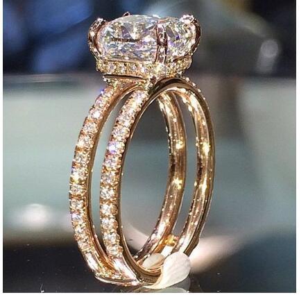 Womens Gold Ring Double Diamond Crown Alloy Square PrincessEngagementRing Gold Plated Artificial GemstoneRing