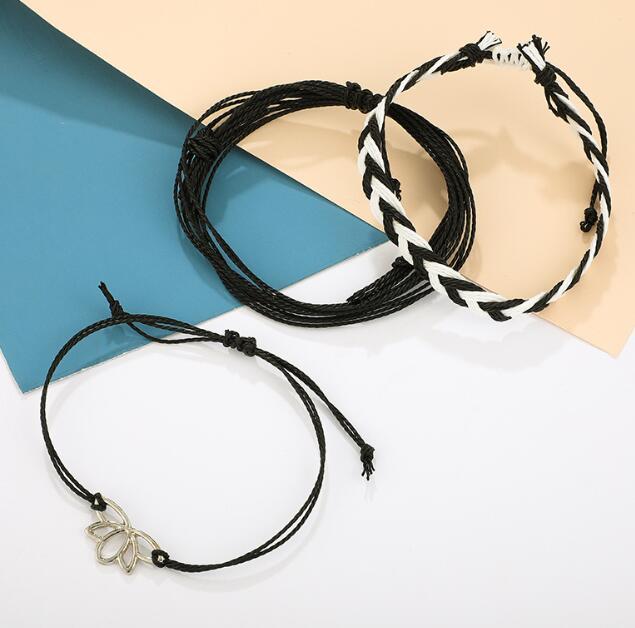 Lotus Pendant Hand Woven Rope Bracelet Bohemian Alloy Jewelry Lotus Flower Charm For Women Everyday Boho Style