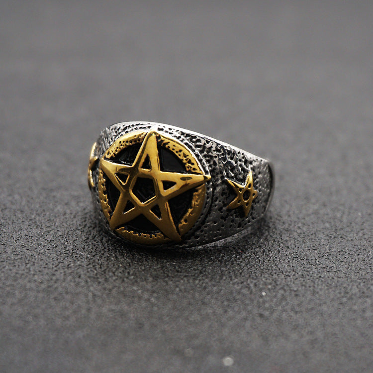 Pentagram star male gold ring titanium steel ring