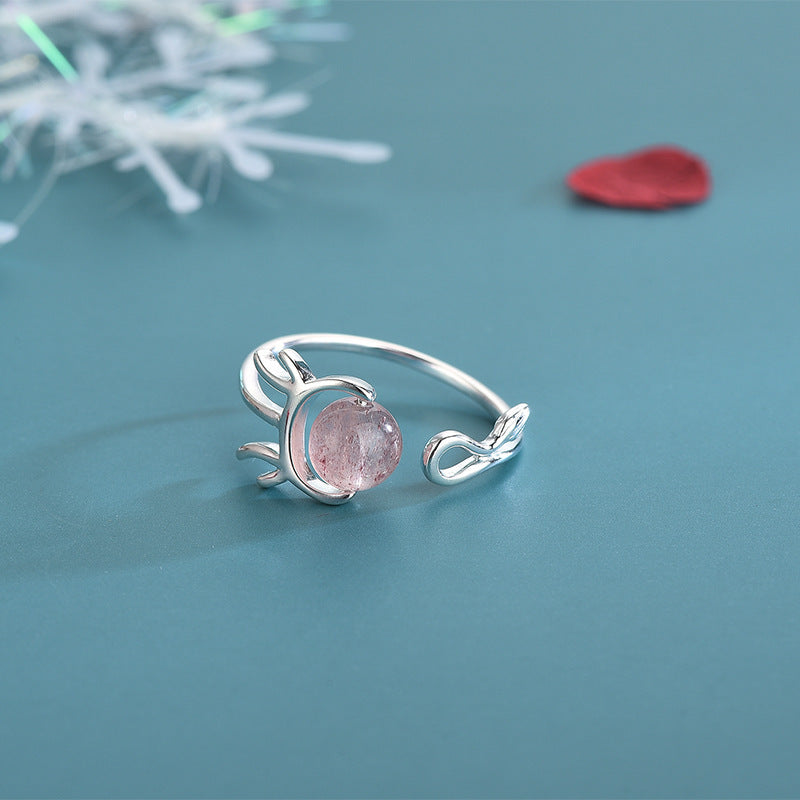 Sterling Silver Ring Korean Strawberry Crystal Antler Design Adjustable Open Ring For Women And Girls Gift Set