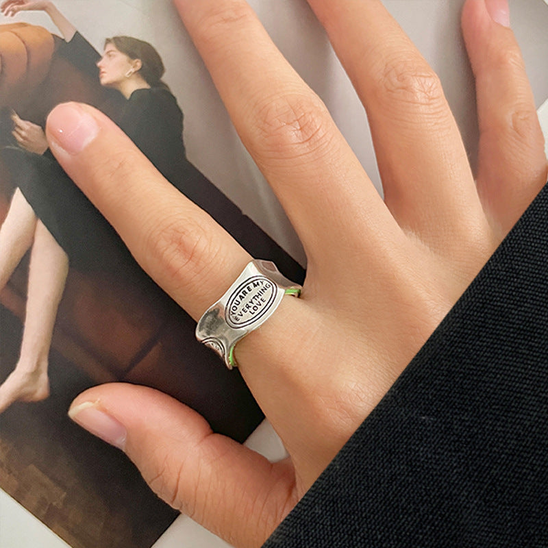 Unisex Open Adjustable Sterling Silver Ring Geometric Design With Exaggerated English Letter Motif Modern Look