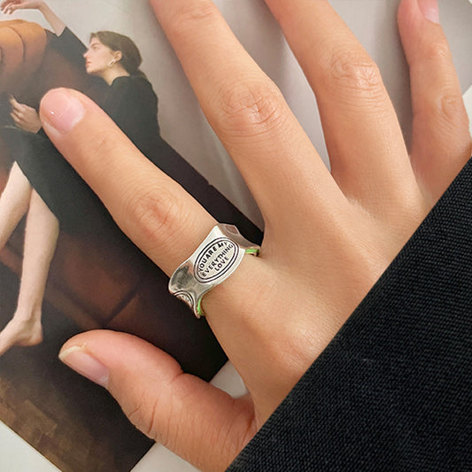 Unisex Open Adjustable Sterling Silver Ring Geometric Design With Exaggerated English Letter Motif Modern Look