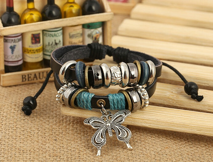 Unisex Vintage Leather Bracelet With Butterfly Pendant Adjustable Cowhide Beaded Woven Fashion Jewelry Everyday Wear