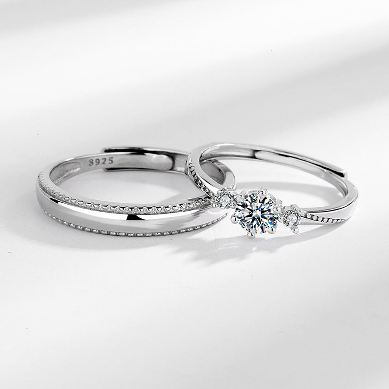 Couple Rings Set Diamond Accent Matching Bands For Him And Her Adjustable 925 Silver Promise Rings Wedding Engagement
