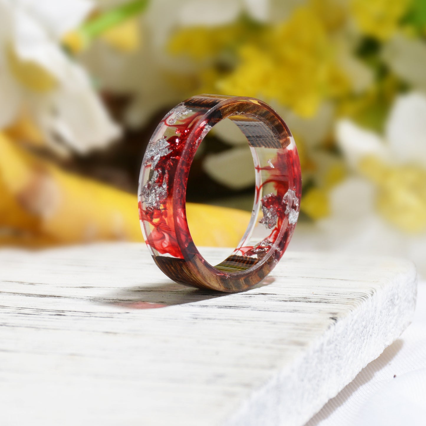 Unisex Wood Resin Ring Dried Flower Epoxy Jewelry Durable Unique Flower Design Accessory Gift Idea Chic Design