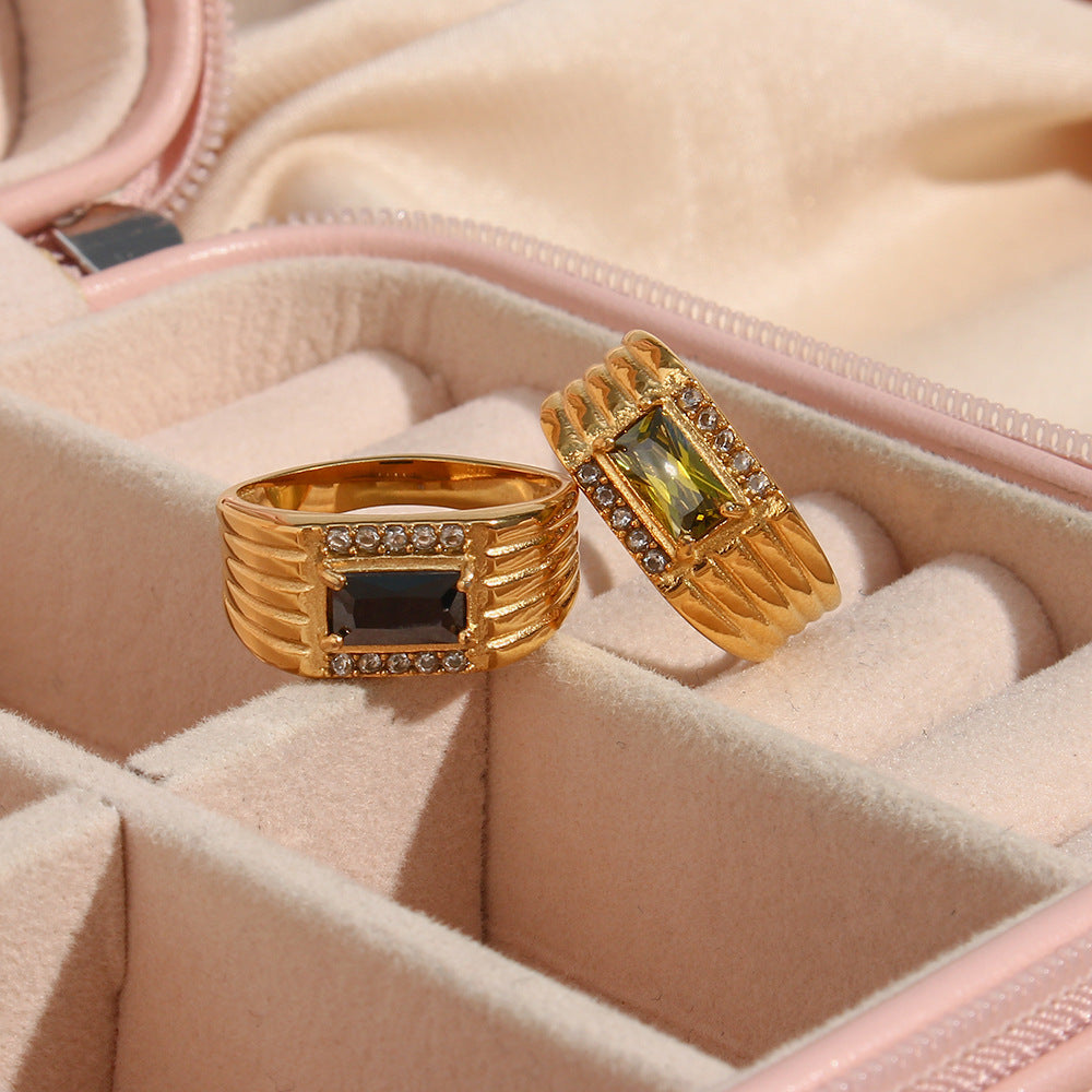 Stainless Steel Ring With Geometric Zircon Inlay For Women Black Green Diamond Jewelry For Everyday Wear Daily