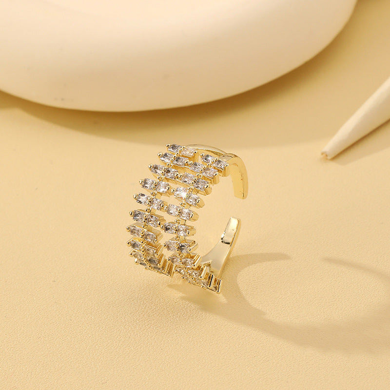 Adjustable Copper Zircon Ring For Women Gold Tone Line Geometry Ins Style Elegant Jewelry For Daily Wear Needs