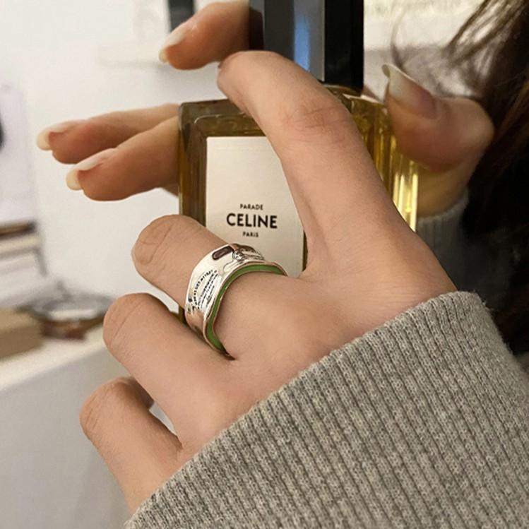 Womens Avocado Green Letter Wave Ring Platinum Plated Copper Adjustable Fashion Jewelry Elegant Statement Look